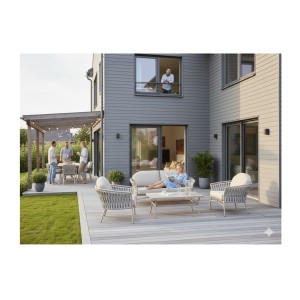 Salon de jardin 4 places aluminium beige avec corde et table basse – ROTINIA