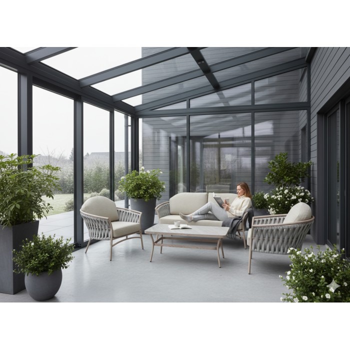 Salón de jardín 4 plazas aluminio beige con cuerda y mesa baja – ROTINIA