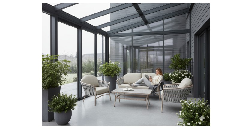 Salon de jardin 4 places aluminium beige avec corde et table basse – ROTINIA