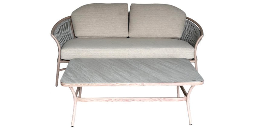 Salon de jardin 4 places aluminium beige avec corde et table basse – ROTINIA