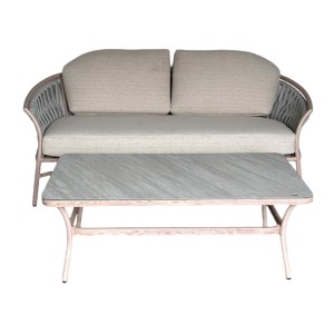 Salon de jardin 4 places aluminium beige avec corde et table basse – ROTINIA