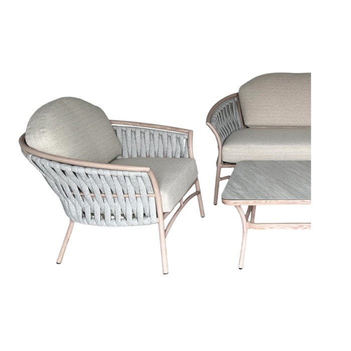 Salón de jardín 4 plazas aluminio beige con cuerda y mesa baja – ROTINIA