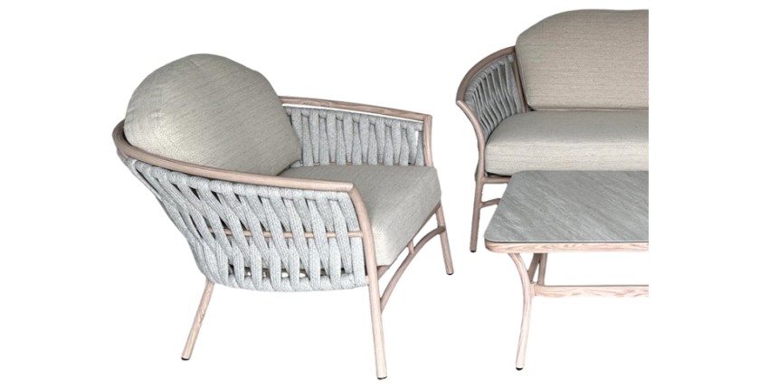 Salon de jardin 4 places aluminium beige avec corde et table basse – ROTINIA