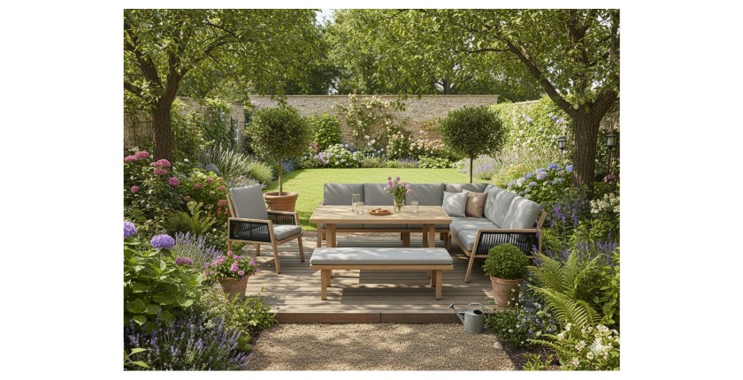 Salon de jardin d’angle 8 places aluminium marron avec banc et table basse – ALUMA