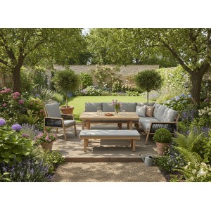 Salon de jardin d’angle 8 places aluminium marron avec banc et table basse – ALUMA