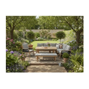 Salon de jardin d’angle 8 places aluminium marron avec banc et table basse – ALUMA