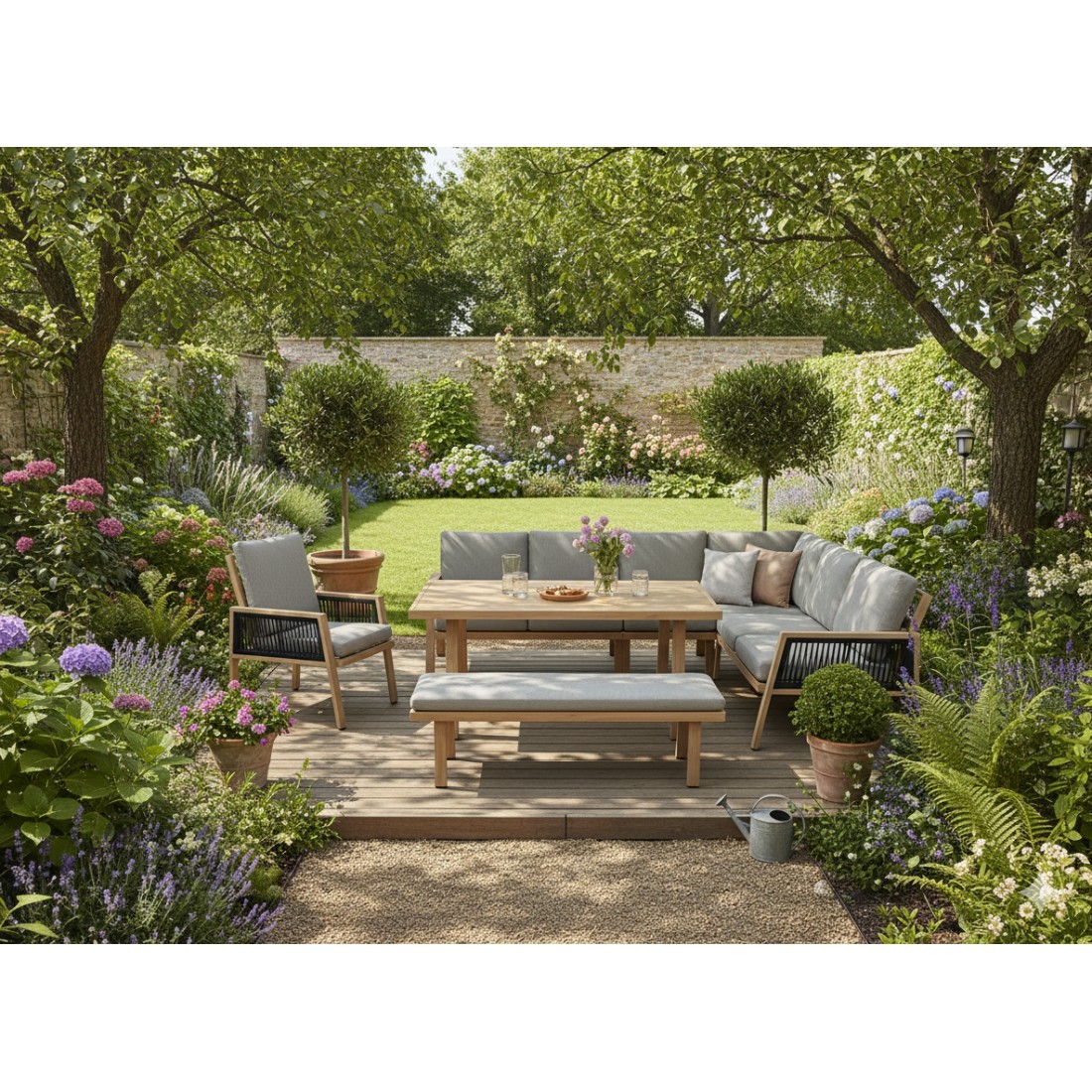 Salon de jardin d’angle 8 places aluminium marron avec banc et table basse – ALUMA