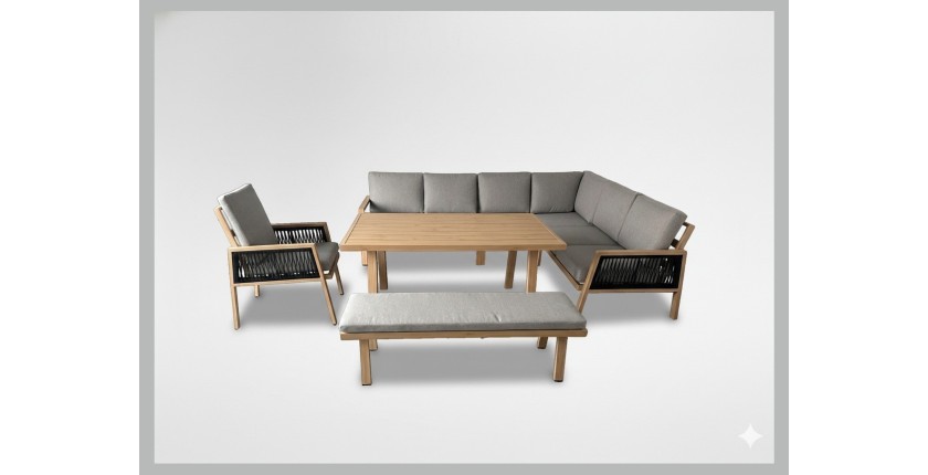 Salon de jardin d’angle 8 places aluminium marron avec banc et table basse – ALUMA