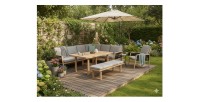 Salon de jardin d’angle 8 places aluminium marron avec banc et table basse – ALUMA