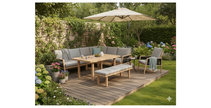 Salon de jardin d’angle 8 places aluminium marron avec banc et table basse – ALUMA