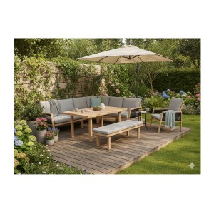 Salon de jardin d’angle 8 places aluminium marron avec banc et table basse – ALUMA