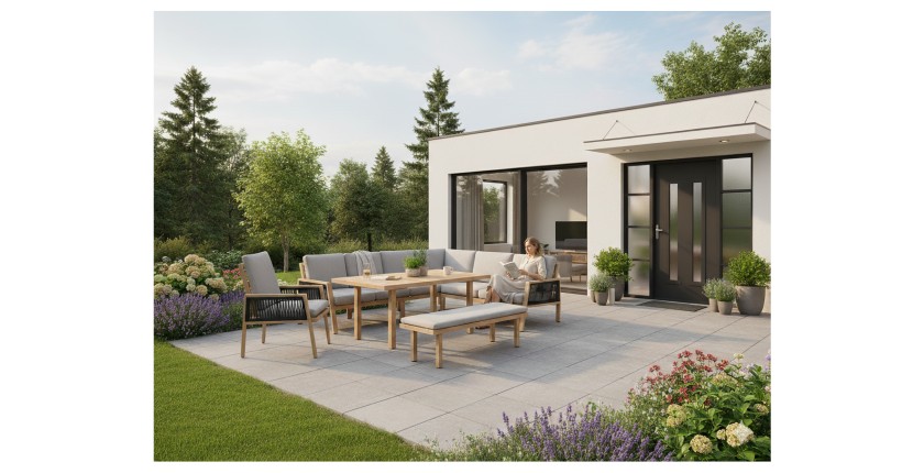 Salon de jardin d’angle 8 places aluminium marron avec banc et table basse – ALUMA