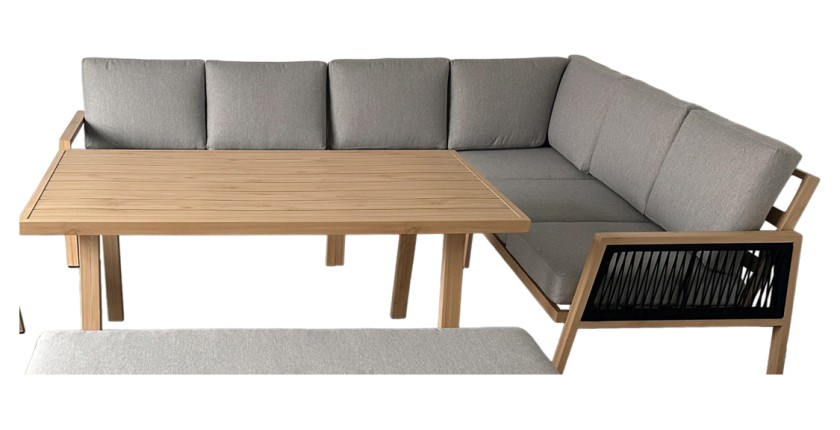 Salon de jardin d’angle 8 places aluminium marron avec banc et table basse – ALUMA