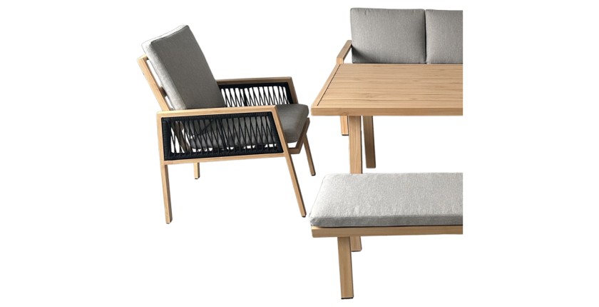 Salon de jardin d’angle 8 places aluminium marron avec banc et table basse – ALUMA