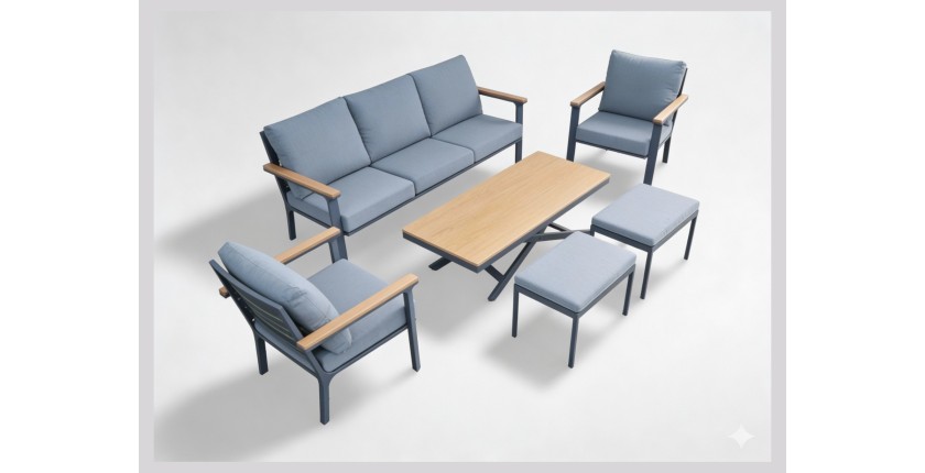 Salon de jardin 7 places aluminium teck avec table relevable – ALUMINA