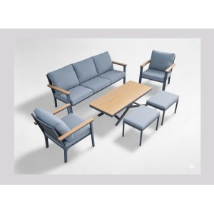 Salon de jardin 7 places aluminium teck avec table relevable – ALUMINA