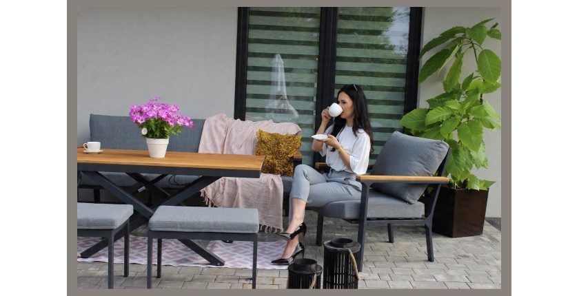 Salon de jardin 7 places aluminium teck avec table relevable – ALUMINA