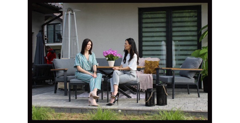 Salon de jardin 7 places aluminium teck avec table relevable – ALUMINA