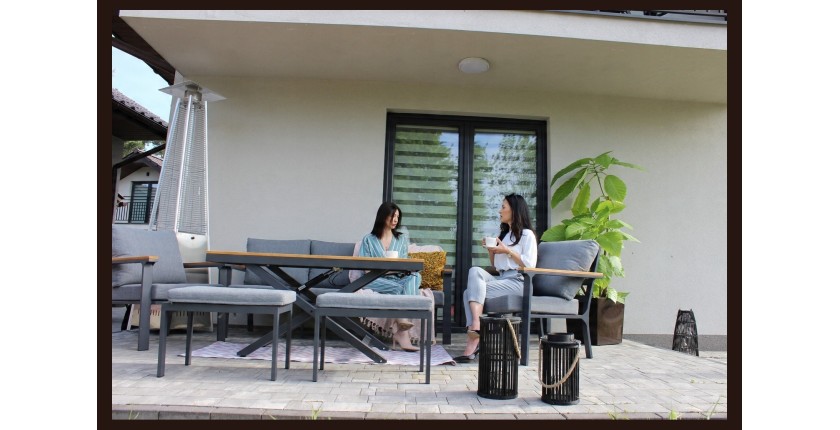 Salon de jardin 7 places aluminium teck avec table relevable – ALUMINA