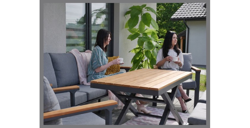 Salon de jardin 7 places aluminium teck avec table relevable – ALUMINA