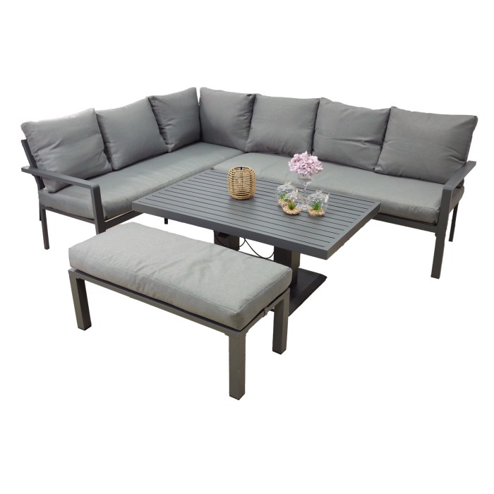 Gartenset Ecksofa 7-Sitzer aus Aluminium in Grau mit höhenverstellbarem Tisch und Hocker – FERONA
