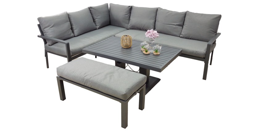 Salon de jardin d’angle FERONA 7 places avec table relevable et pouf – aluminium gris