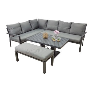 Salon de jardin d’angle 7 places aluminium gris table relevable et pouf – FERONA