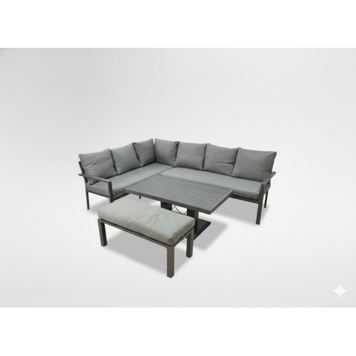 Gartenset Ecksofa 7-Sitzer aus Aluminium in Grau mit höhenverstellbarem Tisch und Hocker – FERONA