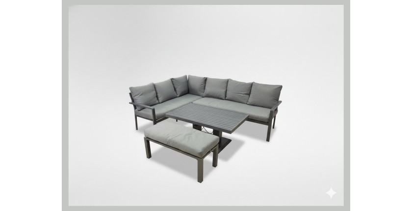 Salon de jardin d’angle FERONA 7 places avec table relevable et pouf – aluminium gris