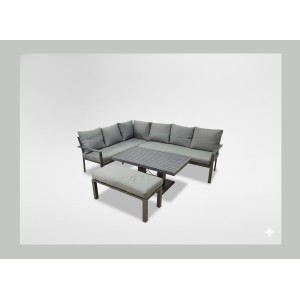 Salon de jardin d’angle FERONA 7 places avec table relevable et pouf – aluminium gris