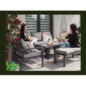 Salon de jardin d’angle FERONA 7 places avec table relevable et pouf – aluminium gris
