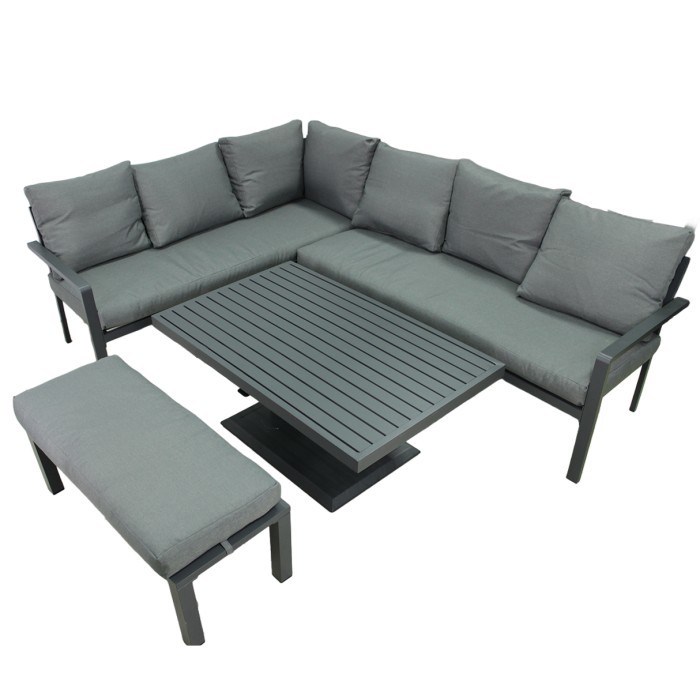 Gartenset Ecksofa 7-Sitzer aus Aluminium in Grau mit höhenverstellbarem Tisch und Hocker – FERONA