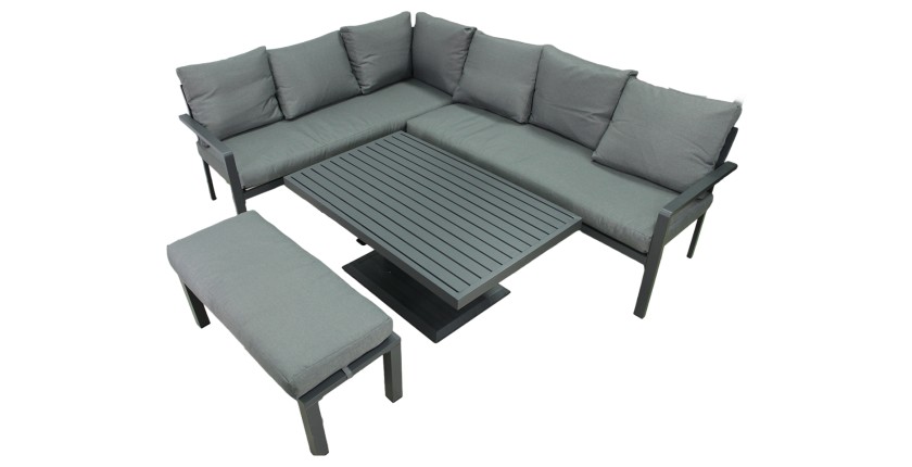 Salon de jardin d’angle FERONA 7 places avec table relevable et pouf – aluminium gris