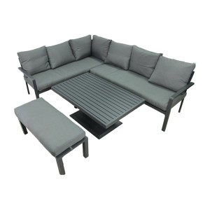 Salon de jardin d’angle FERONA 7 places avec table relevable et pouf – aluminium gris