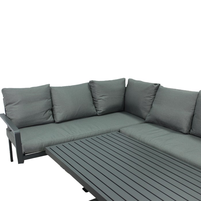 Gartenset Ecksofa 7-Sitzer aus Aluminium in Grau mit höhenverstellbarem Tisch und Hocker – FERONA