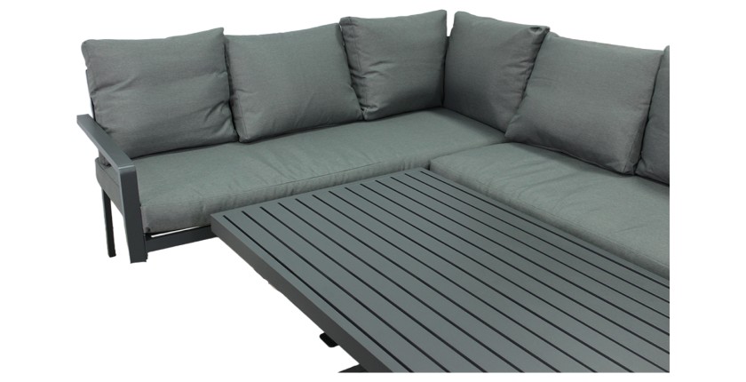 Salon de jardin d’angle FERONA 7 places avec table relevable et pouf – aluminium gris