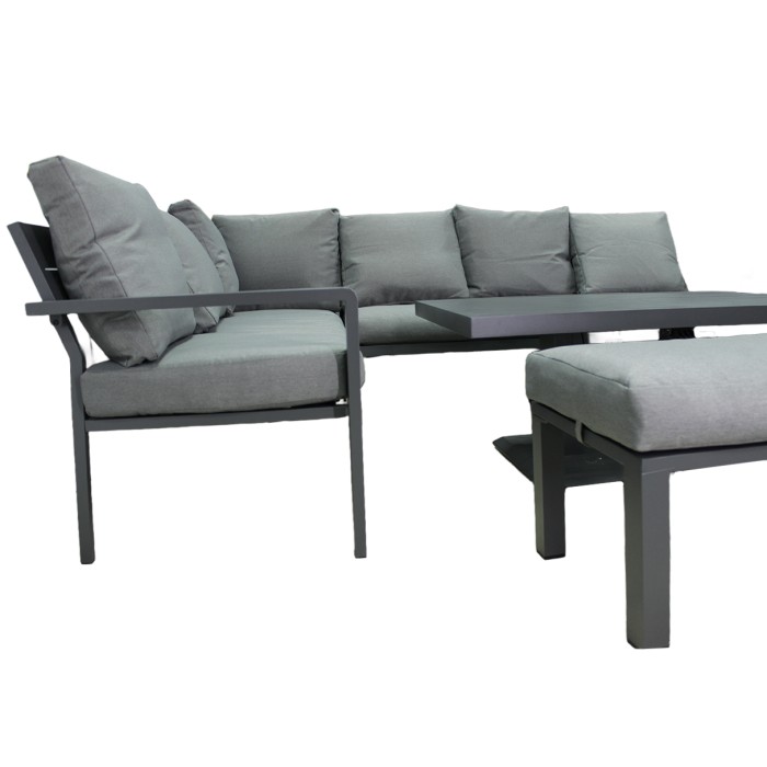 Gartenset Ecksofa 7-Sitzer aus Aluminium in Grau mit höhenverstellbarem Tisch und Hocker – FERONA