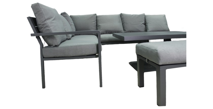 Salon de jardin d’angle FERONA 7 places avec table relevable et pouf – aluminium gris