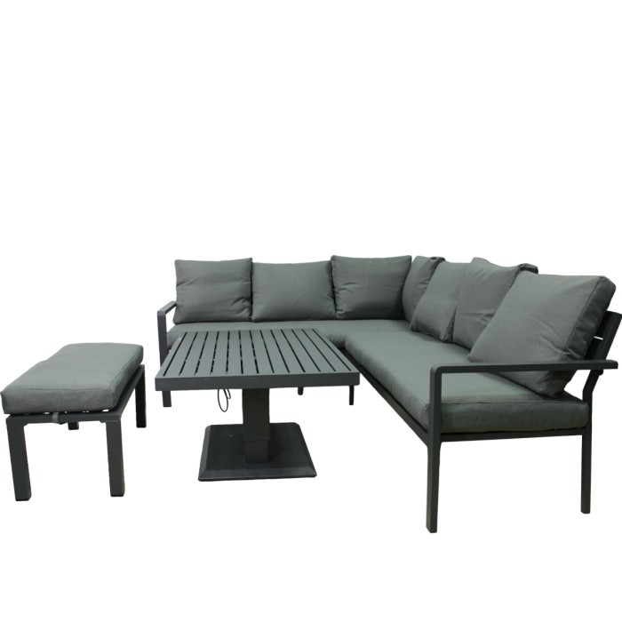 Gartenset Ecksofa 7-Sitzer aus Aluminium in Grau mit höhenverstellbarem Tisch und Hocker – FERONA