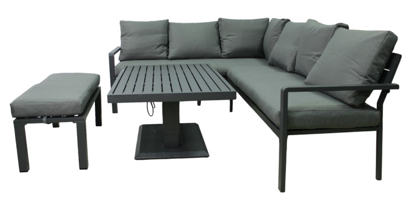 Salon de jardin d’angle FERONA 7 places avec table relevable et pouf – aluminium gris
