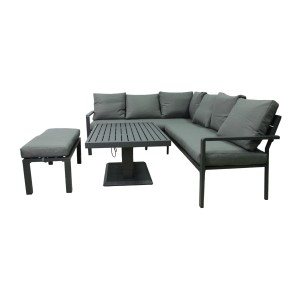 Salon de jardin d’angle FERONA 7 places avec table relevable et pouf – aluminium gris