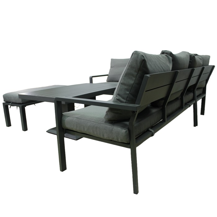 Gartenset Ecksofa 7-Sitzer aus Aluminium in Grau mit höhenverstellbarem Tisch und Hocker – FERONA