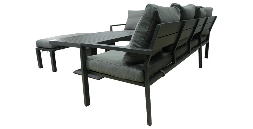 Salon de jardin d’angle FERONA 7 places avec table relevable et pouf – aluminium gris