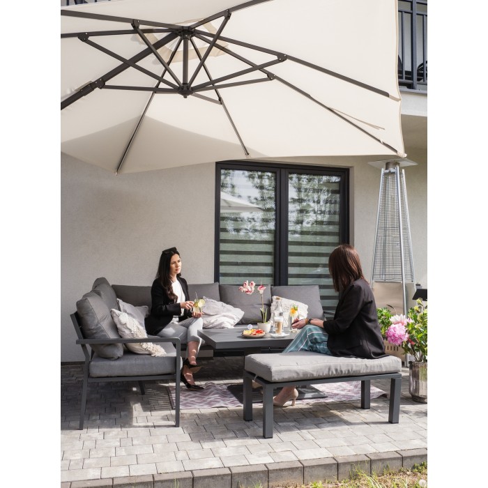 Gartenset Ecksofa 7-Sitzer aus Aluminium in Grau mit höhenverstellbarem Tisch und Hocker – FERONA