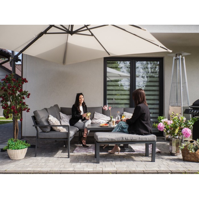 Gartenset Ecksofa 7-Sitzer aus Aluminium in Grau mit höhenverstellbarem Tisch und Hocker – FERONA
