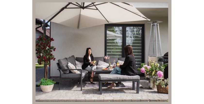 Salon de jardin d’angle FERONA 7 places avec table relevable et pouf – aluminium gris