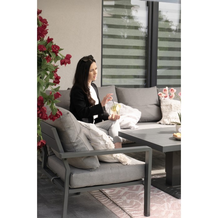 Gartenset Ecksofa 7-Sitzer aus Aluminium in Grau mit höhenverstellbarem Tisch und Hocker – FERONA