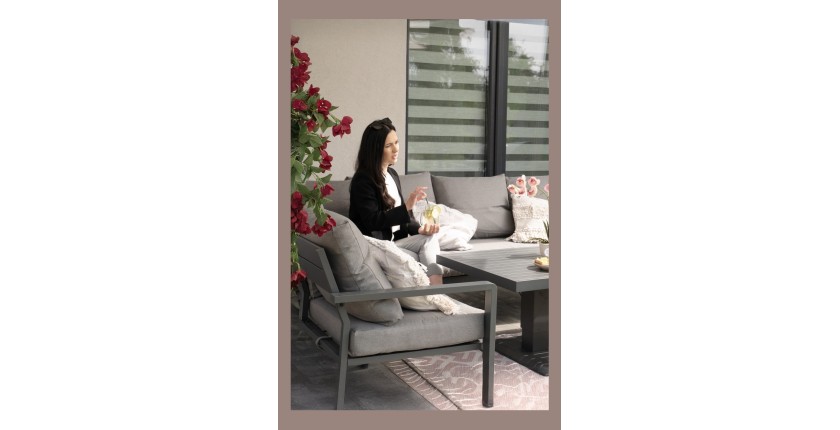 Salon de jardin d’angle FERONA 7 places avec table relevable et pouf – aluminium gris