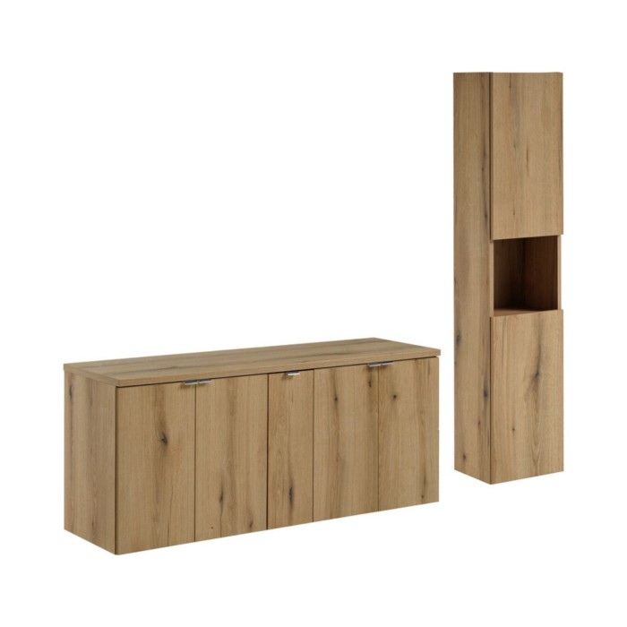 Wandhängendes Badezimmer-Set VANO in Eichenoptik 170cm: Unterschränke mit Schranktüren + Waschtischplatte + Hochschrank