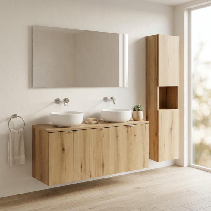 Wandhängendes Badezimmer-Set VANO in Eichenoptik 170cm: Unterschränke mit Schranktüren + Waschtischplatte + Hochschrank